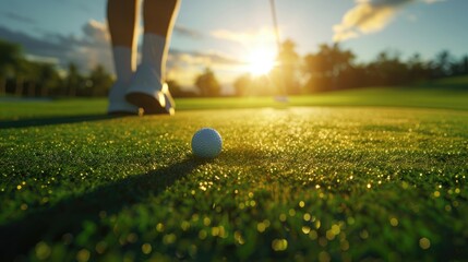 golf ball spinning to the hole on the green of the golf course with the early light of sunset.