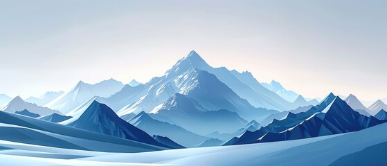 Fototapeta premium A flat design illustration of a snowy mountain range The minimalist style uses cool tones and simple shapes to capture the majestic beauty of the peaks and valleys The 3D elements add depth to the