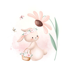 Watercolor Illustration Cute Rabbit with Pink Flowers and Butterflies