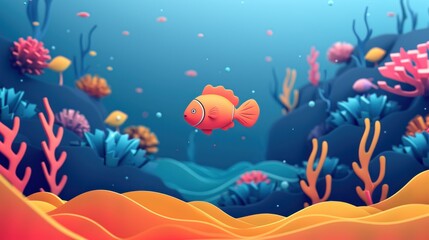 A flat design illustration of an underwater scene The minimalist composition features soft gradients and simple shapes to depict marine life and coral reefs creating a tranquil and enchanting