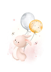 Watercolor Illustration Cute Rabbits with Balloon and Butterflies