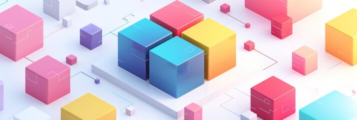 Abstract Futuristic 3D Render Minimalistic Style with Floating Geometric Shapes Isometric Design, Light Color Theme, Bright Background, and Soft Lighting