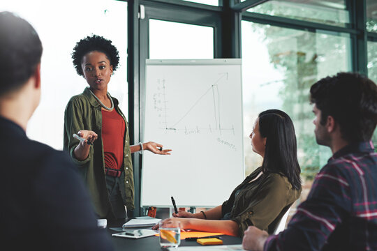 Business woman, presentation and whiteboard with graph for project feedback, sale review and workshop in office. Worker, speaker and chart board for marketing stats, revenue report and company growth