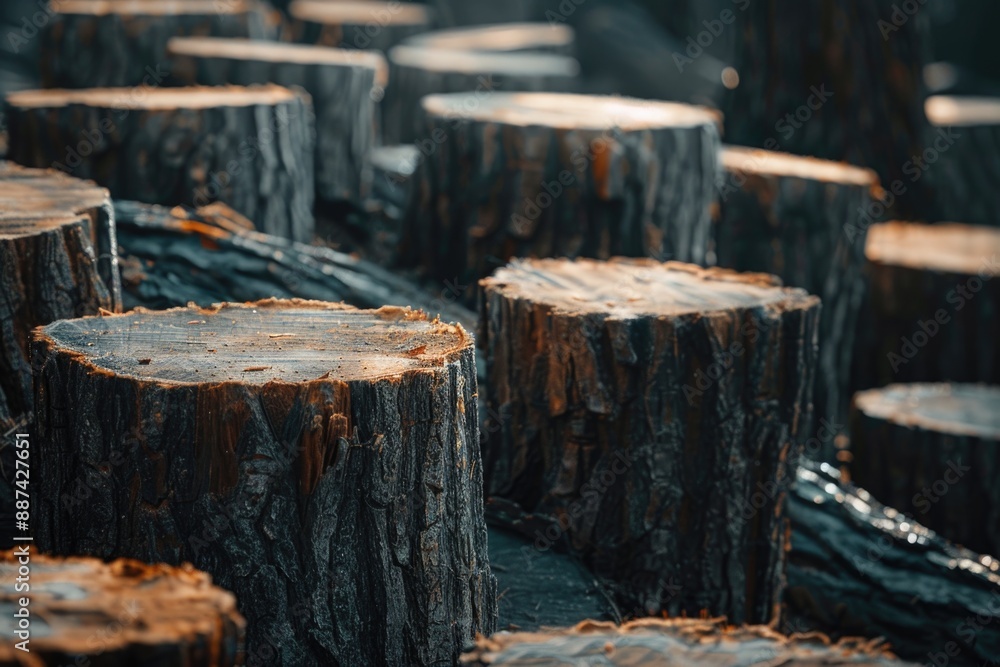 Poster A close-up view of a cluster of tree stumps, with rough bark and weathered textures