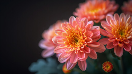 Beautiful pink chrysanthemum flowers blooming on dark background