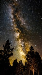 Milky Way above forest with bright, starry night sky.