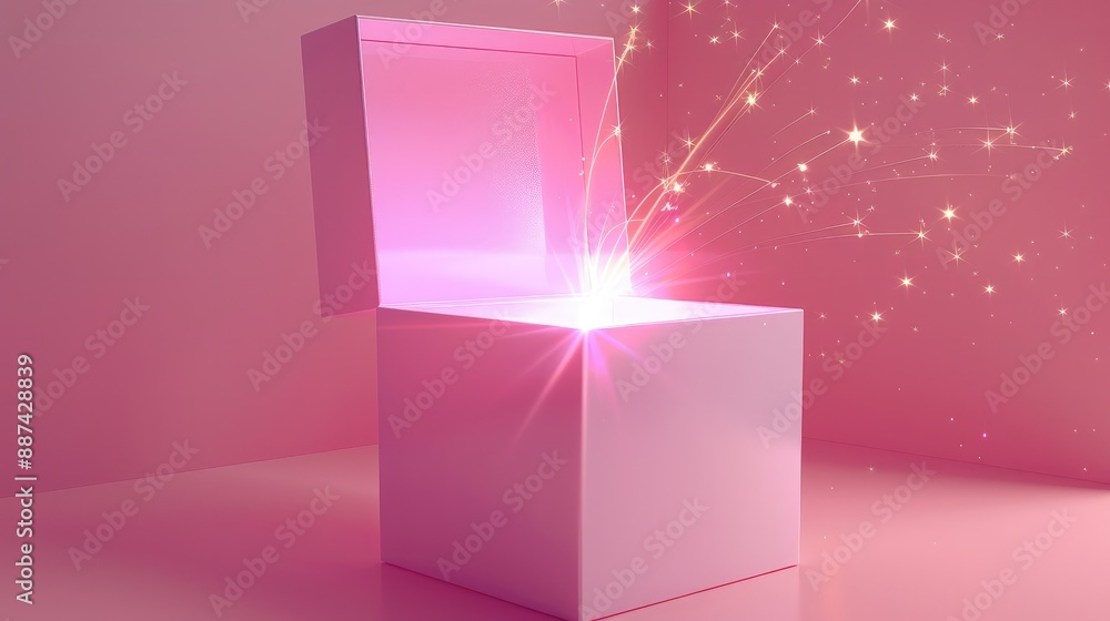 Poster Pink box open on one side with glowing light coming out of it on a light pink glowing background. Generative AI.