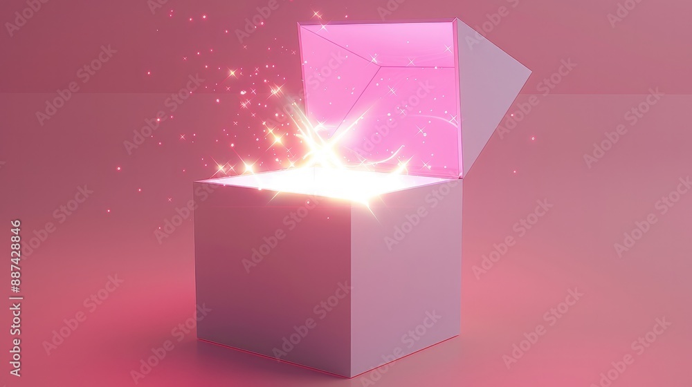 Poster Pink box open on one side with glowing light coming out of it on a light pink glowing background. Generative AI.