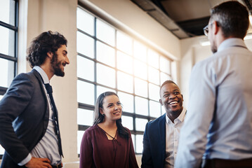 Diversity, talk and meeting in office with team, casual chat and brainstorming ideas. People, funny story and communication in workplace for inspiration, motivation and weekend catch up in morning