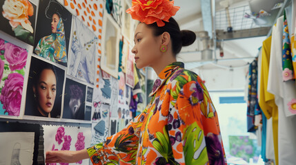 Fashion designer in a colorful studio evaluating patterns and fabric samples on a wall. Textile design, creative process, fashion development, designer workspace, inspiration board.
