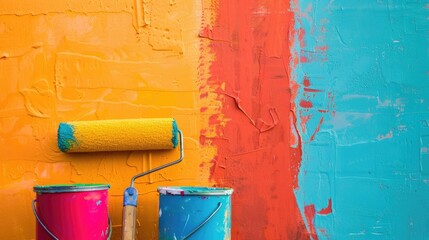 Closeup of paint can and roller near colorful wall