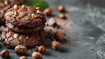 Obraz premium Chocolate cookies with nuts on a dark textured background.