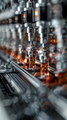 Naklejka premium A crisp detailed shot of a futuristic factory diorama with humanfaced robot figurines forging steel using light beams and conveyor belts carrying materials that seem to float and spin captured with hi