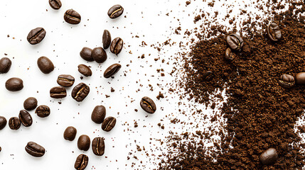 Ground coffee scattered isolated on white, top view