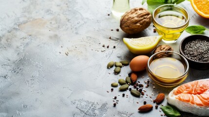 A variety of healthy food sources including salmon, lemon, pumpkin seeds, almonds, chia seeds, egg, and olive oil are arranged on a grey background