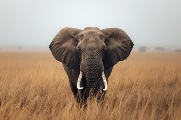 Fototapeta premium Front view of an elephant standing in a vast grassy savannah