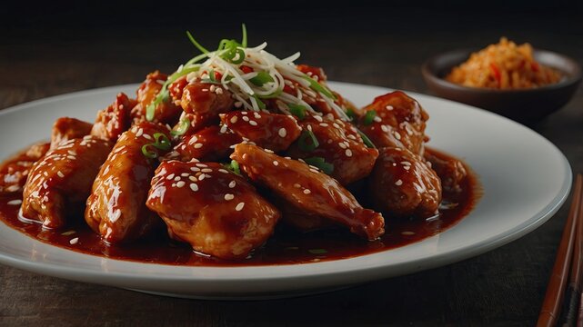 Chinese food chicken in Schezwan sauce close-up on a plate horizontal.