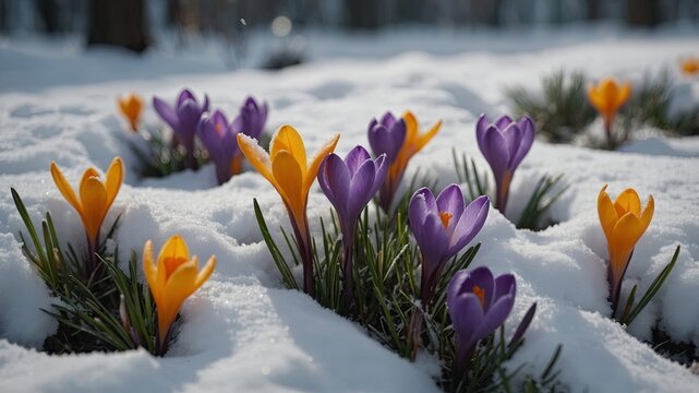 Beautiful crocuses growing through snow.