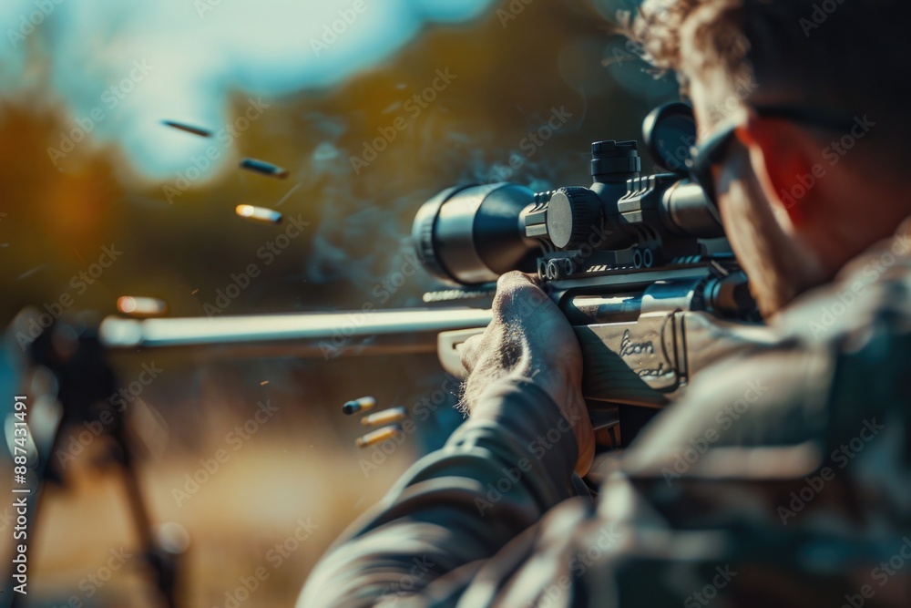 Poster a man takes aim with a rifle in an open field, ready to shoot