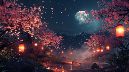 A beautiful night scene of cherry blossoms (sakura) in full bloom, illuminated by moonlight and lanterns