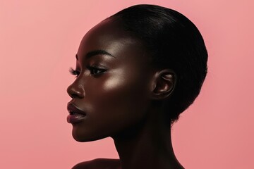 Side profile of a black woman model showcasing minimalist beauty on pink.