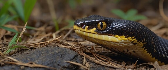 Boiga snake dendrophila yellow ringed, Head of Boiga dendrophila, animal closeup, animal attack.