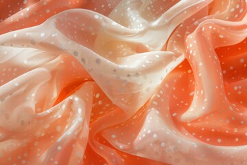 Silky fabric with polka dots flowing in waves of orange and white.