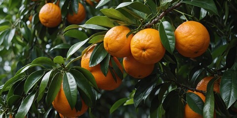 Branches bear thick foliage with ripe oranges or tangerines.