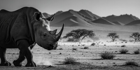 Obraz premium Black and white animal poster featuring a Black Rhinoceros in the Namibian desert Dramatic scene and design silhouette concept.