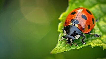 Fototapeta premium Small red-orange ladybug on a green leaf