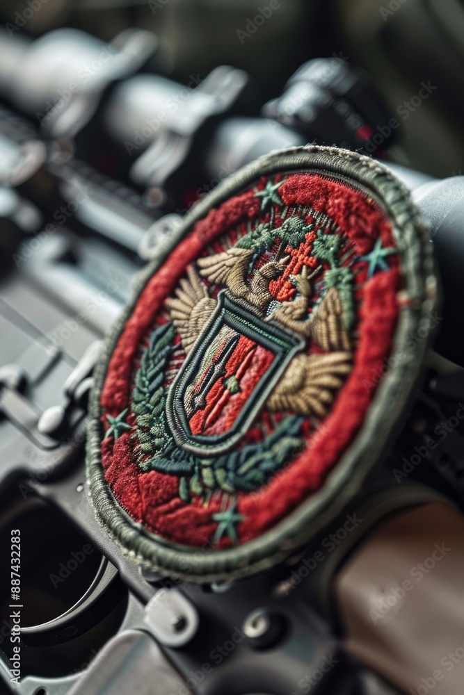 Poster a close-up shot of a machine gun with a badge attached