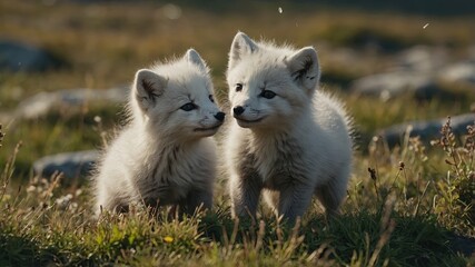 Close up of Arctic Fox cubs playing in a meadow.
