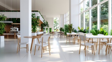 A bright and airy cafe interior with natural light streaming through large windows.