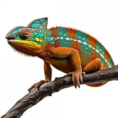 Obraz premium Colorful Chameleon With Red and Blue Stripes Sitting on a Branch Isolated on White Background