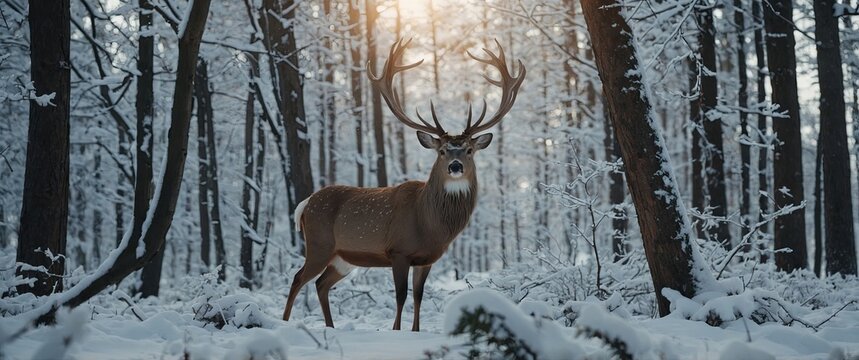 Beautiful male and female noble deer in the snowy white forest Artistic Christmas winter image Winter wonderland.