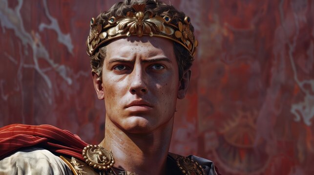 Portrait of Emperor Caligula wearing a golden laurel wreath and red toga in front of an ancient mural. Historical reference, Roman Empire, classical art, educational content.
