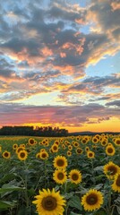 Fototapeta premium A field of sunflowers basks in the warm glow of a sunset, their golden petals reaching towards the vibrant sky