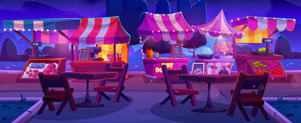 Night food market. Fair stall and festival booth cartoon. Summer event with local marketplace and tent store. Cute village fest with retail seller decoration scene. Outside farm shop in park