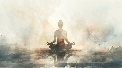 Meditative person in lotus pose within a serene watercolor background. Mindfulness, meditation, stress relief, mental clarity, yoga practice, relaxation, spiritual growth, inner peace, self-care.