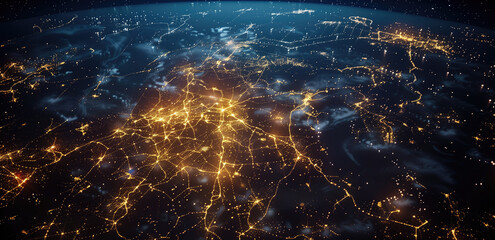 Aerial view of UK's surface at night with illuminated city networks and global connectivity. Satellite communication, space technology, global network, digital infrastructure.