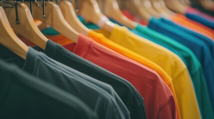 Colorful t-shirts on wooden hangers in a clothing store showcasing vibrant fabric options. Retail, fashion, shopping, apparel industry, merchandising, variety of garments, clothing shop, consumerism.