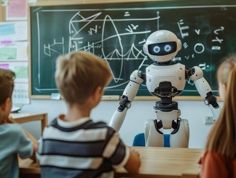 A classroom scene over the shoulder shot of three pupils following the teaching of a friendly humanoid robot, in front of a chalkboard, robot is explaining geometry on the chalkborad, warm colors, cin