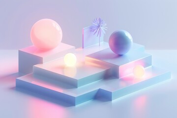 Fototapeta premium Abstract Futuristic 3D Render Minimalistic Style with Floating Geometric Shapes Isometric Design, Light Color Theme, Bright Background, and Soft Lighting