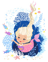 Hand drown vector illustration of Beautiful Mermaid. Underwater marine life of a coral reef