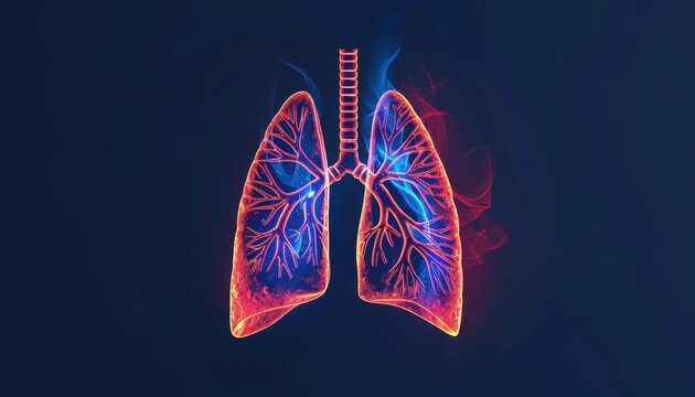 A vibrant and detailed illustration of human lungs with glowing outlines, showcasing the respiratory system on a dark background.