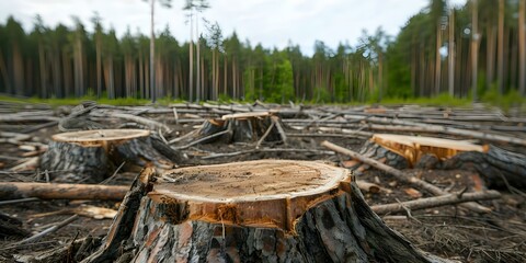 Obraz premium Deforestation Clearcut forest with stumps and fallen trees showing impact on climate. Concept Environmental Destruction, Deforestation, Climate Change Impacts