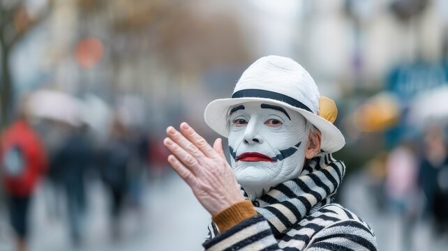 A mime artist silently conveys a story through expressive gestures.