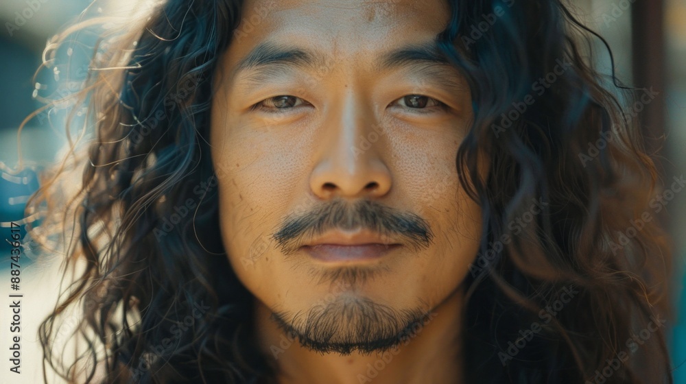 Poster a close-up portrait of an asian man with long, wavy hair, his gaze fixed on the viewer with a contem