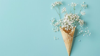 White Flowers in a Waffle Cone on a Blue Background
