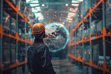Engineer in warehouse with holographic globe and network connections. Industry 4.0, logistics, supply chain, technology integration, digital transformation, smart warehouse concept.